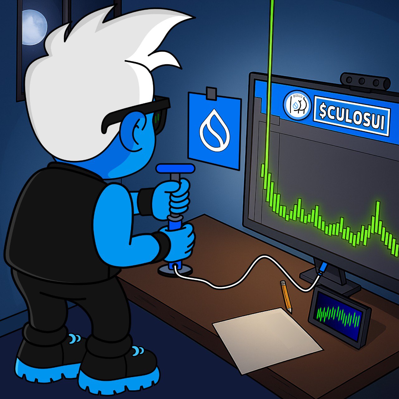 CULO character actively trading on screen with rising green charts